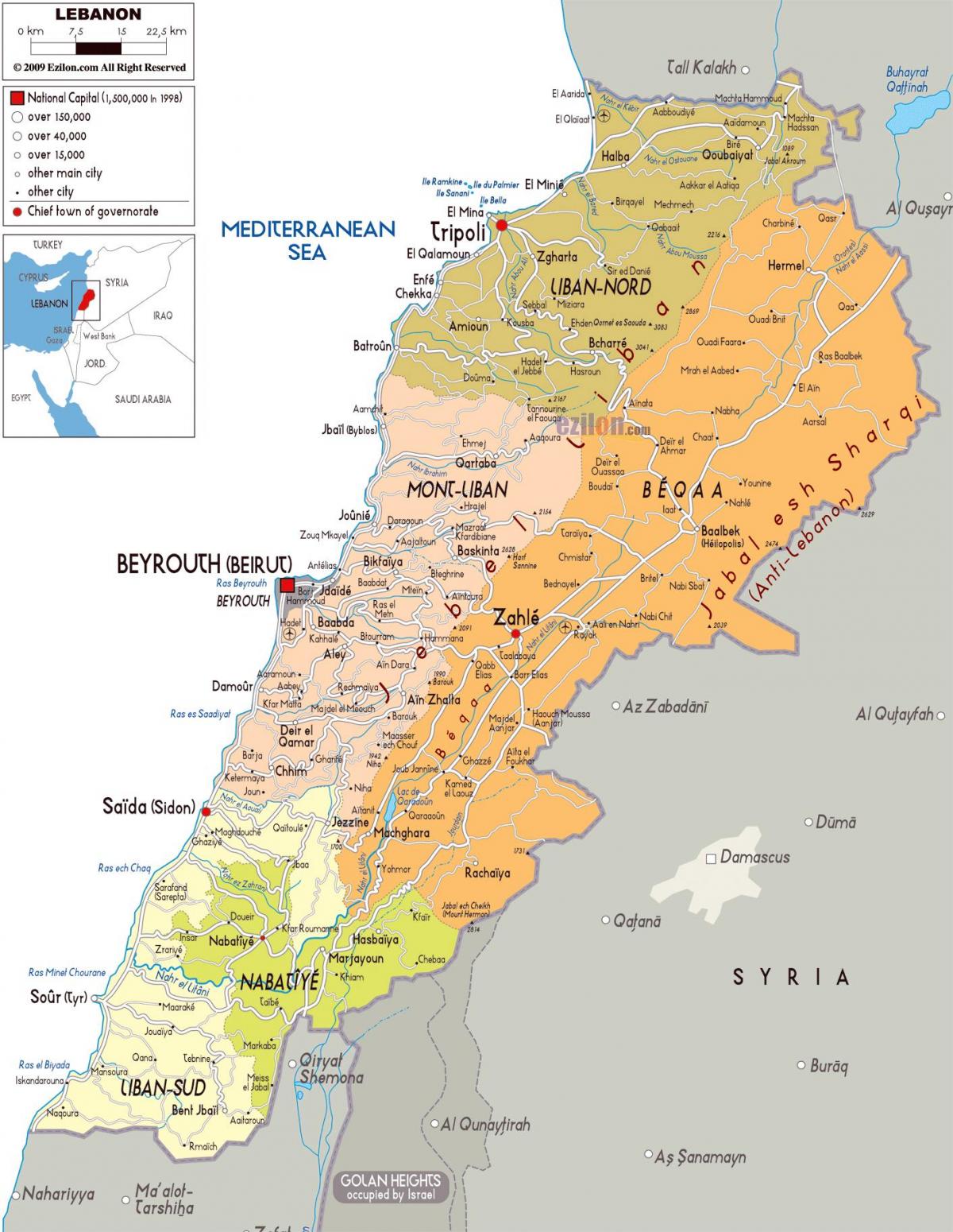 لبنان خريطة مفصلة